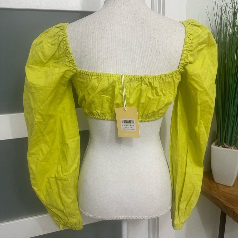Charlie Holiday Lime Green Puff Sleeve Crop Top XS Linen Blend Resort Wear NWT - Picture 6 of 7